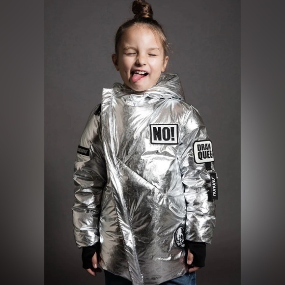 Nununu Metallic Silver Kids Puffer Jacket with Skull Patches